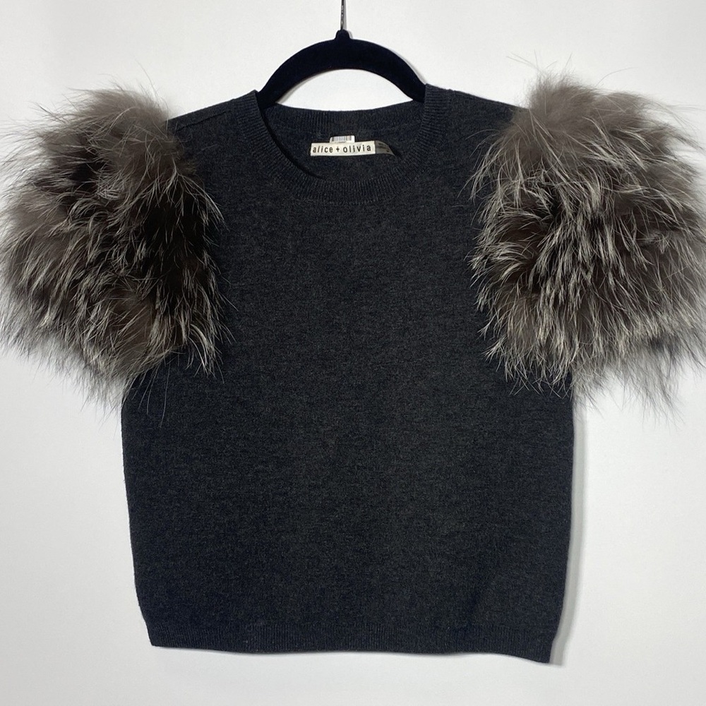 Alice + Olivia Gray Sweater with Faux Fur Sleeves